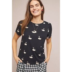 Anthropologie Conversations Swan Print Puff Sleeve Top Black Cotton Modal XS